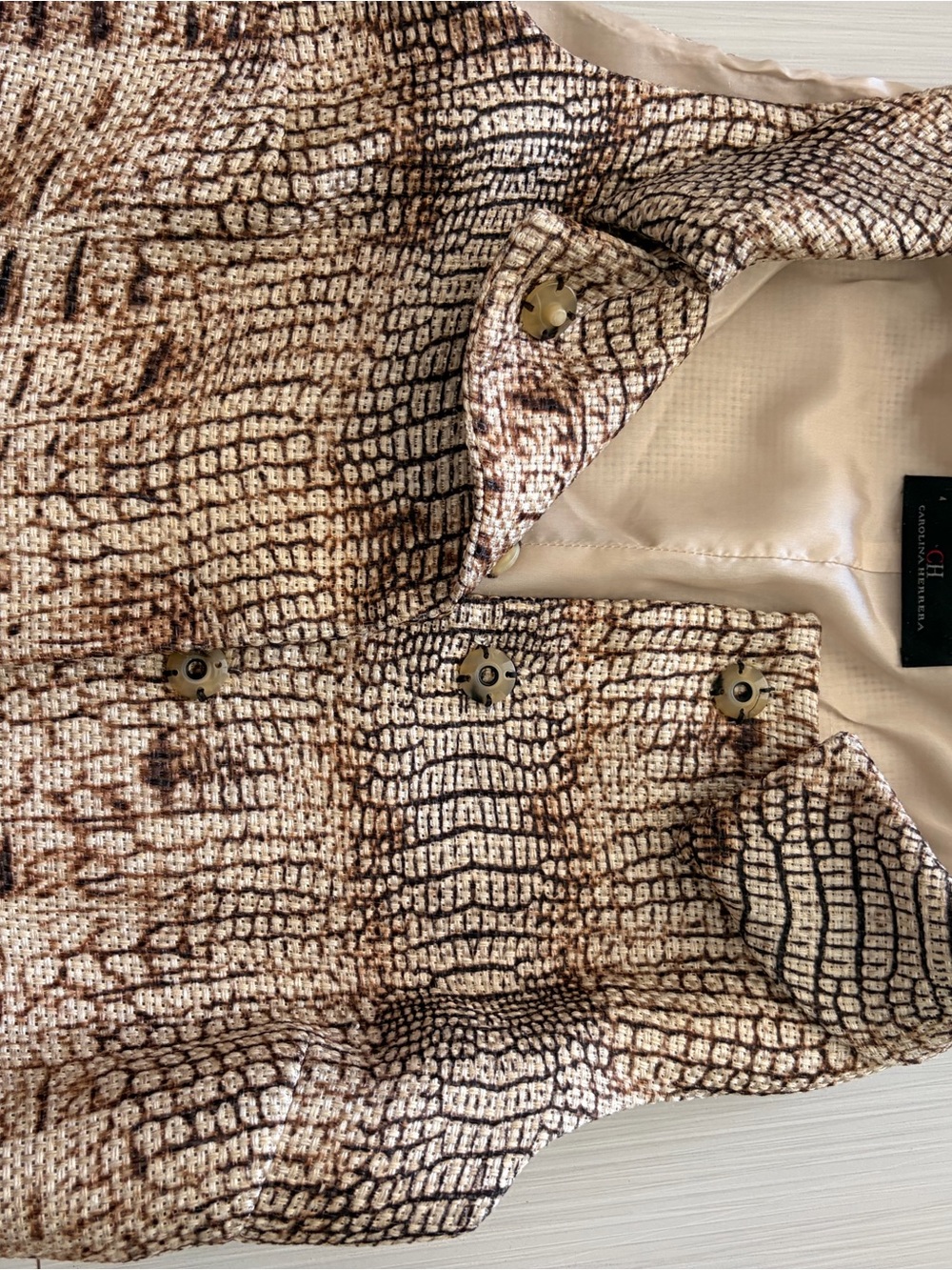vintage Carolina Herrera Textured Faux Croc Print Jacket in Brown and Cream